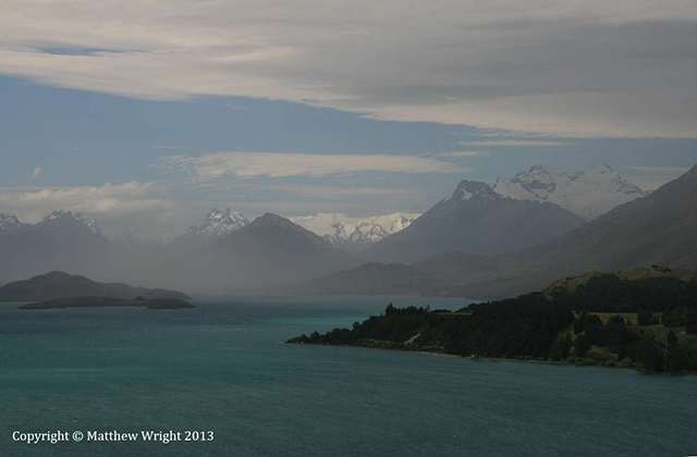 The view towards Glenorchy at the top of Lake Wakitipu. Fog rolled in as I took this one. Of course...